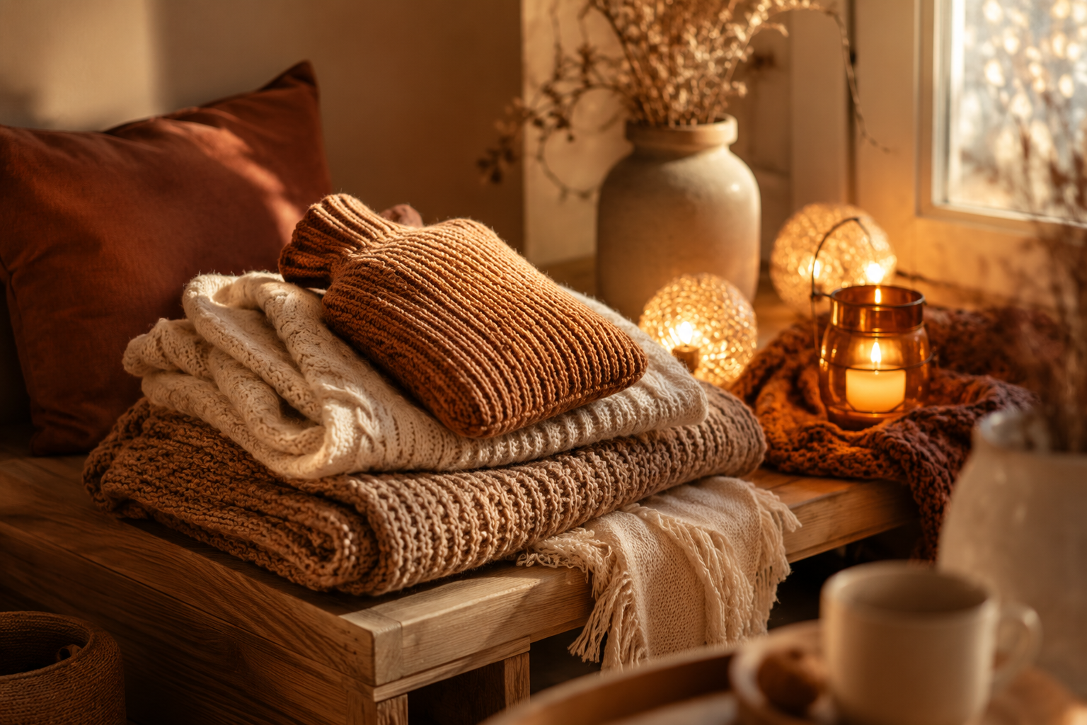 Warm knit blankets, a knit hot water bottle and warm lights folded on a bench