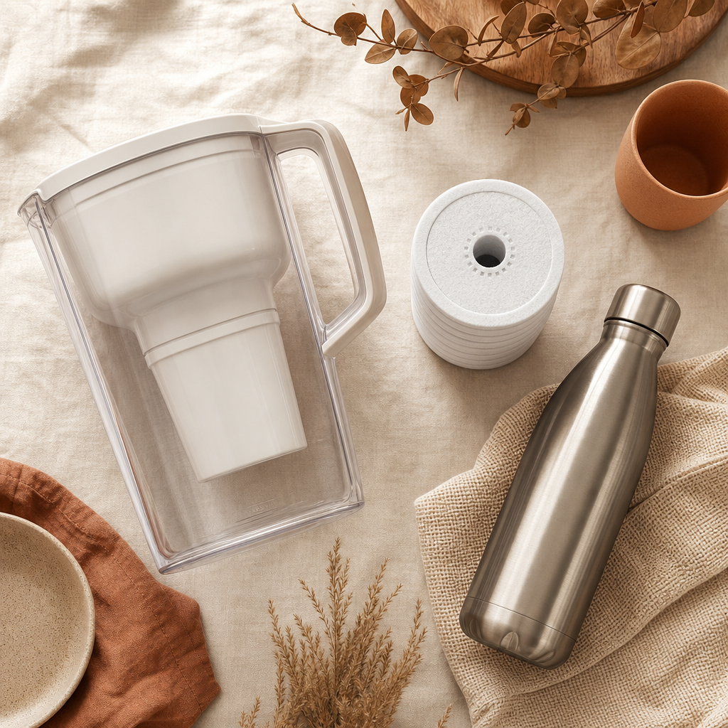 The Fresh Water Set — Countertop water filter jug, Filter cartridges ×3, Insulated stainless bottle