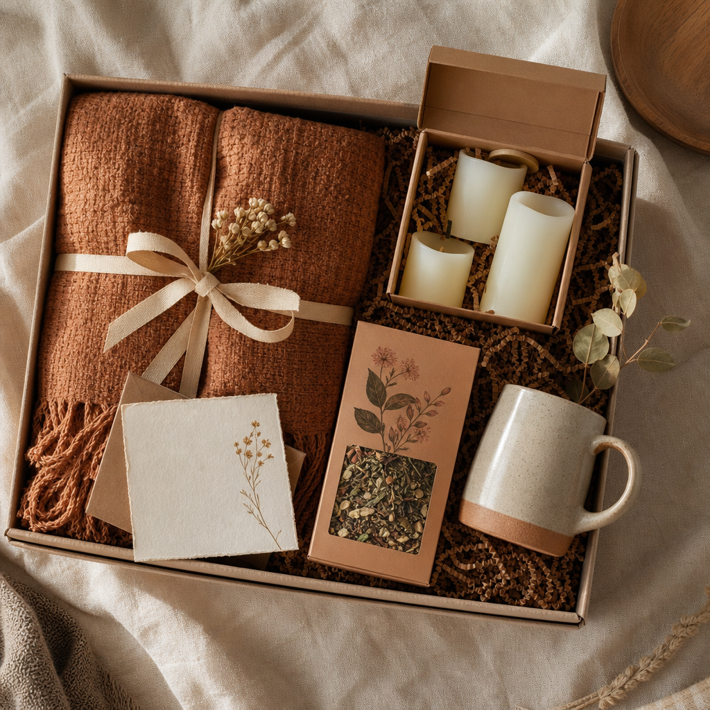 The Housewarming Comfort Box — Throw blanket, Flameless candle set, Herbal tea, Ceramic mug, Handwritten card