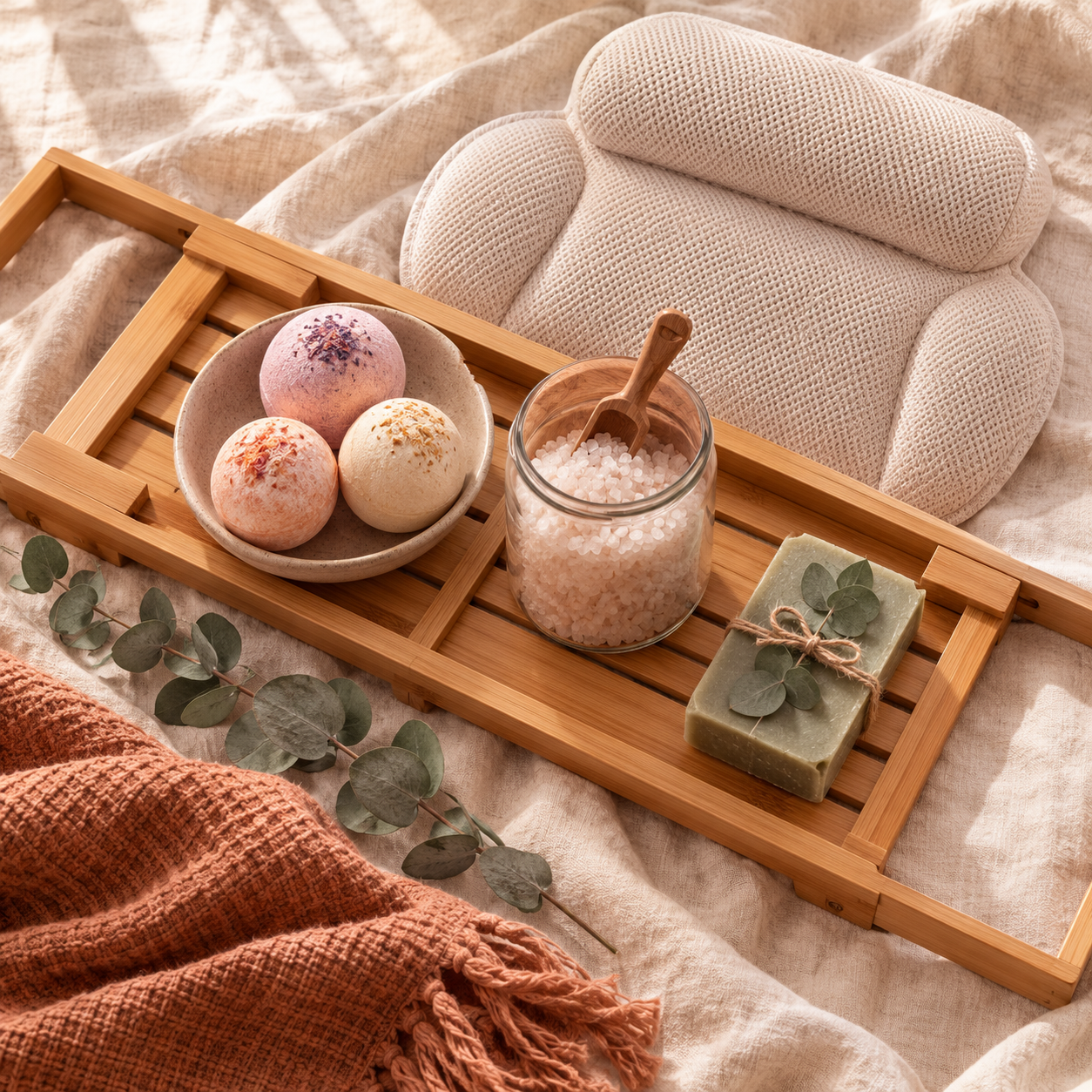 The Long Soak Spa Box — Bamboo bath caddy, Bath pillow, Bath bombs ×3, Epsom salts, Eucalyptus soap