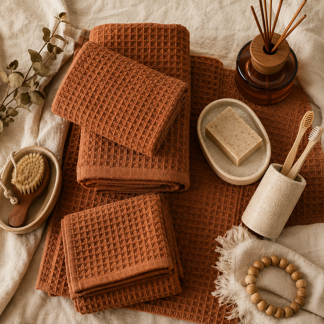 The New-Bath Refresh Bundle — Waffle towel set, Bath mat, Soap dish, Toothbrush holder, Reed diffuser