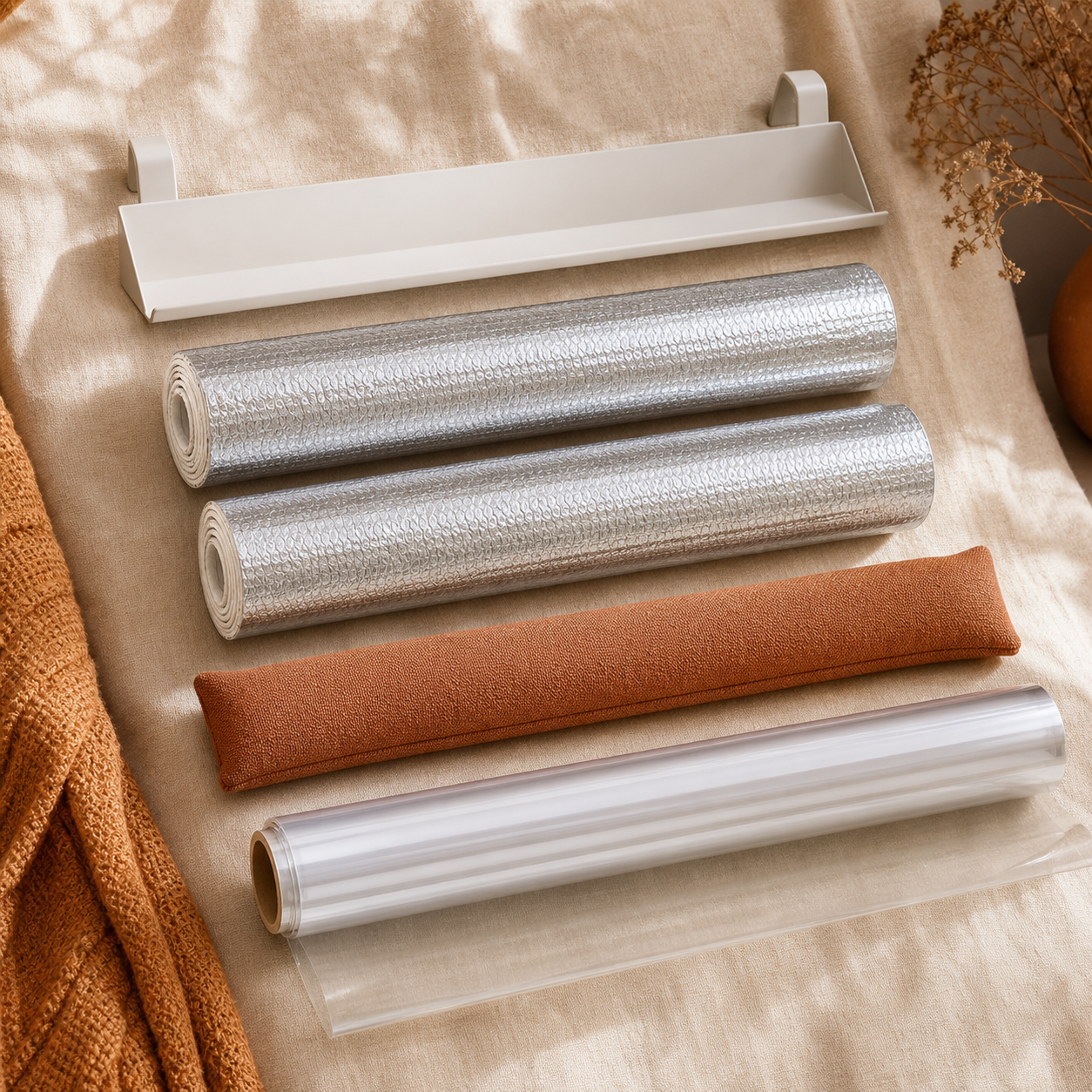 The Radiator Comfort Kit — Magnetic radiator shelf, Reflective foil panels ×2, Door draught stopper, Insulating window film