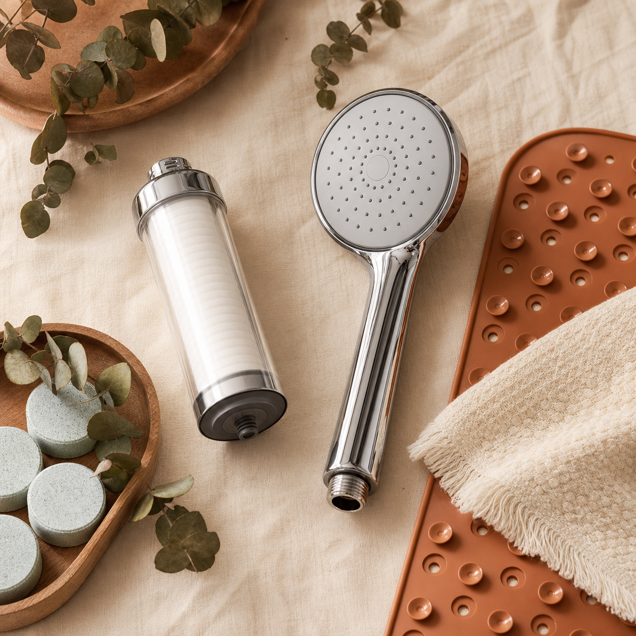 The Rainfall Reset — High-pressure water-saving handheld shower head, Shower filter cartridge, Non-slip mat, Eucalyptus steam blocks
