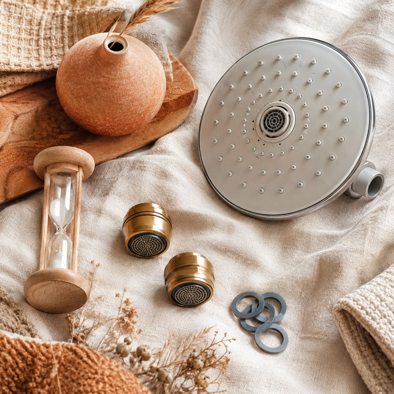 The Shower Saver Kit — Water-saving shower head, Tap aerators ×2, Shower timer, Flow restrictor washers