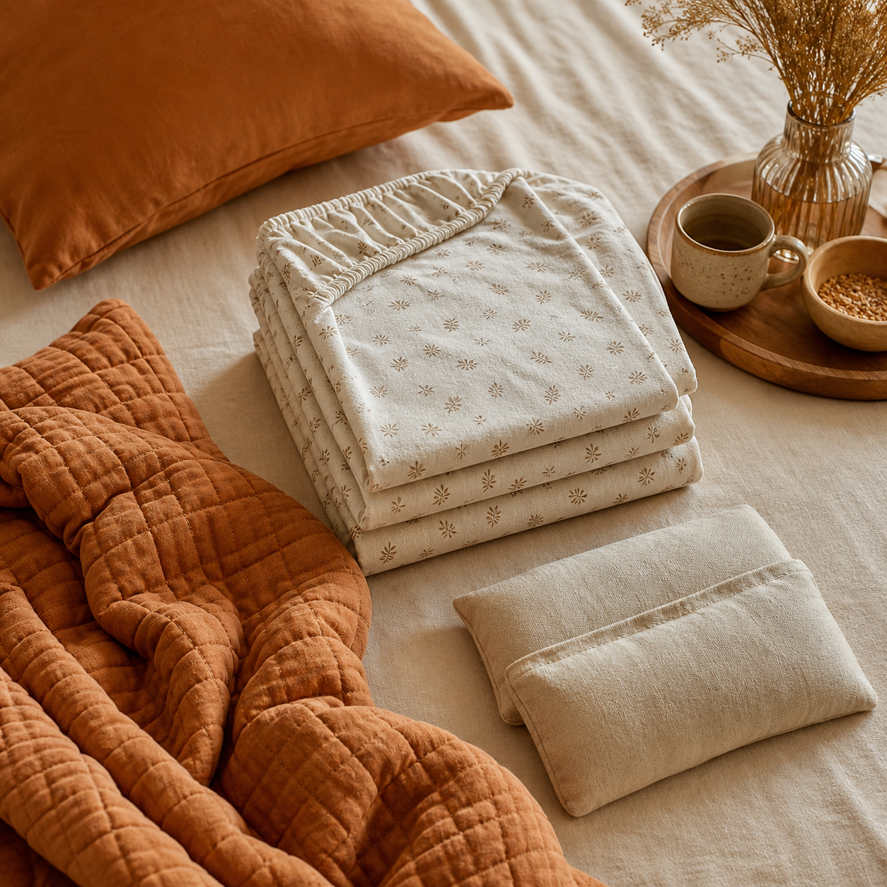 The Warm Bed Bundle — Brushed flannel sheet set, Quilted throw, Microwavable wheat warmers ×2