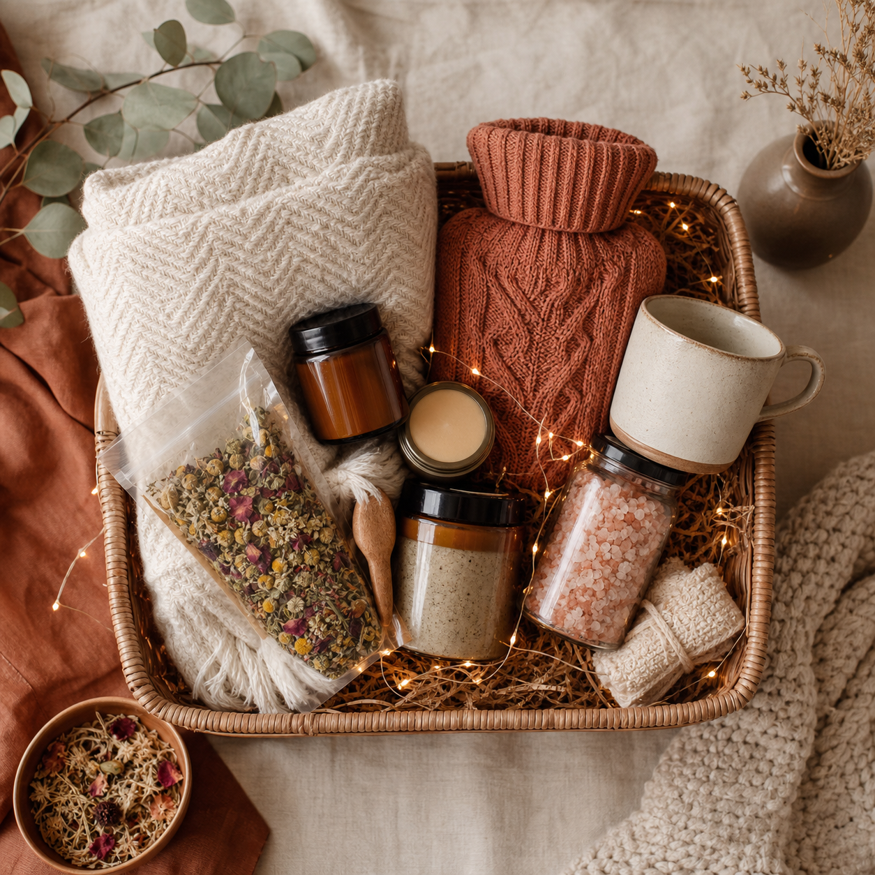 The Winter Wellbeing Hamper — Throw blanket, Hot water bottle, Spa minis, Herbal tea, Bath salts, Warm LED light set